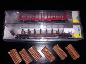 2x Rungenwagen Snps DB AG Gealtert Roos-t DB Cargo beladen mit Holz 