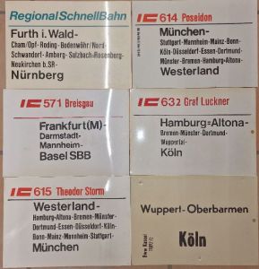 original Zuglaufschilder der DB & DSB