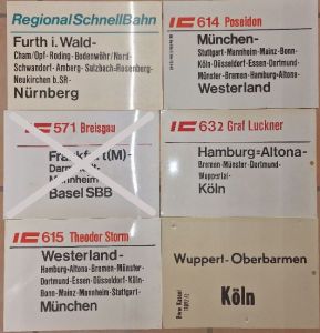 original Zuglaufschilder der DB & DSB
