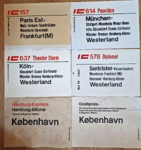 original Zuglaufschilder der DB & DSB
