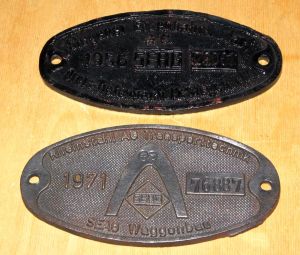 zwei original Fabrikschilder "Siegener Eisenbahn Bedarf - Rheinstahl" von 1956 + 1971