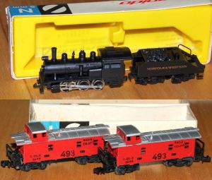 US-Dampflok & zwei Caboose Wagen aus den 60er Jahren