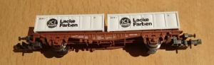 Minitrix 13595 K Container-Tragwagen "ICI Lacke Farben" der DB (Ep. IV)